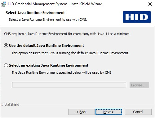 HID Credential Management System - InstallShield Wizard Select Java Runtime Environment dialog box with the Use the default Java Runtime Environment option selected